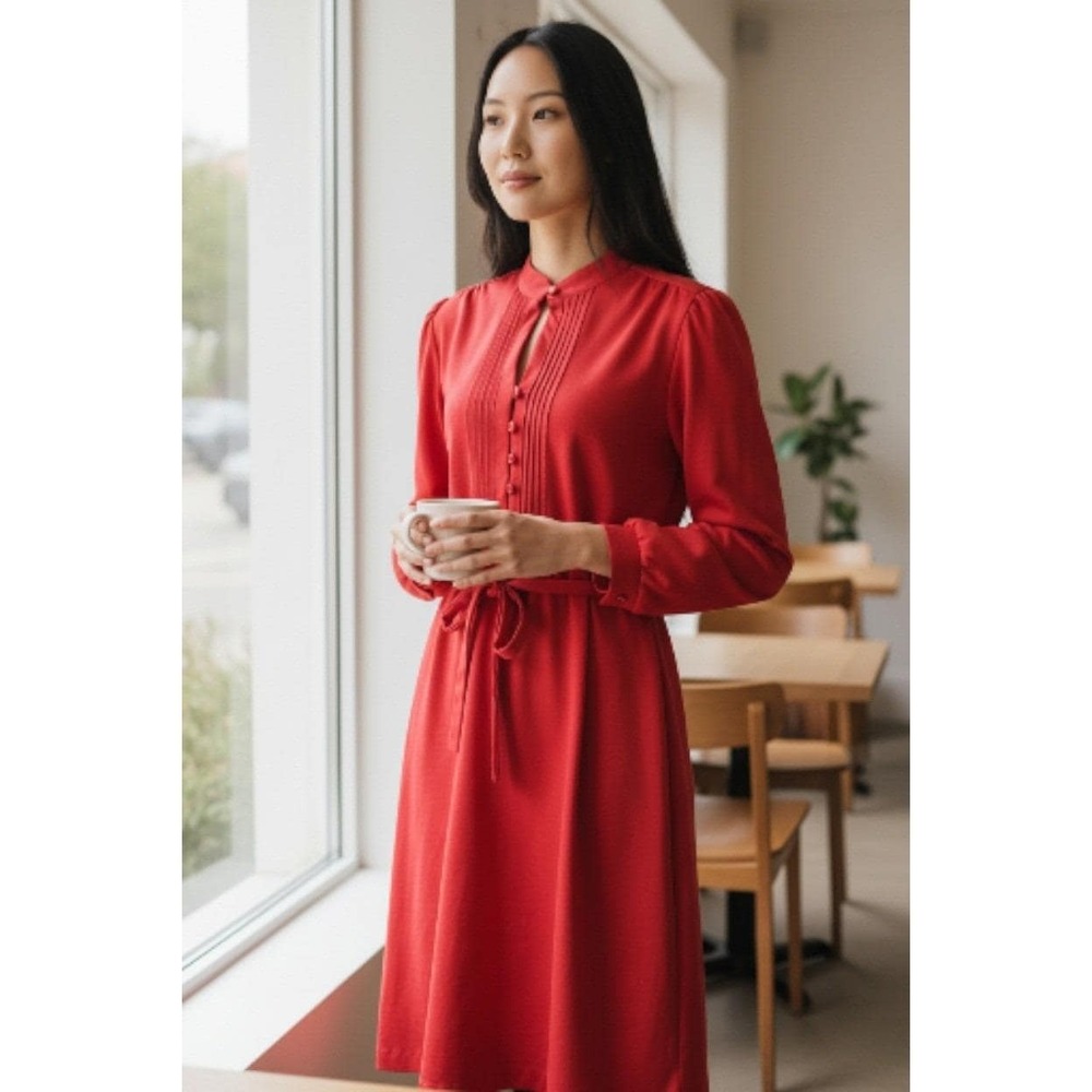 Vintage Halmode Petites Pink Mock‎ Neck Pintuck Midi Dress Long Sleeve Size 16P
